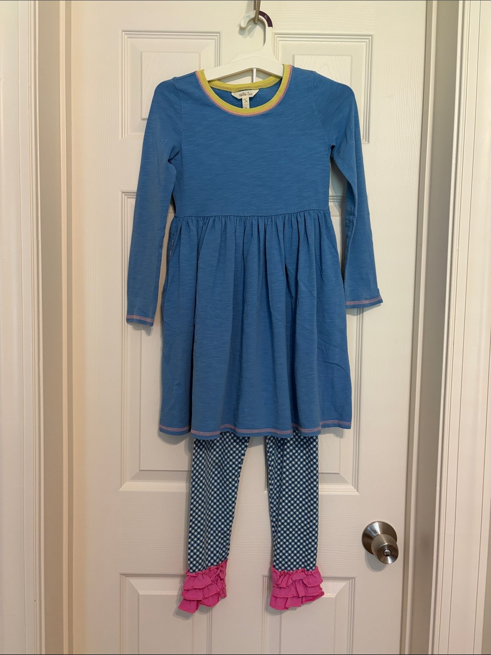 Matilda Jane blue dress and gingham ruffle pant set- Size 8